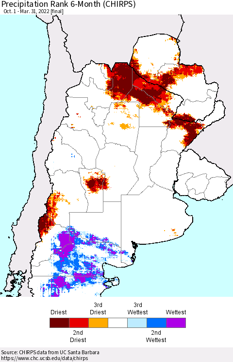 Southern South America Precipitation Rank 6-Month (CHIRPS) Thematic Map For 10/1/2021 - 3/31/2022