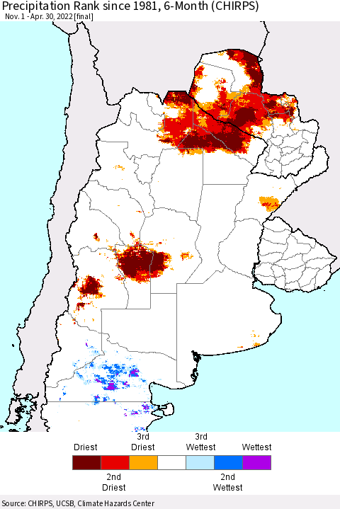 Southern South America Precipitation Rank since 1981, 6-Month (CHIRPS) Thematic Map For 11/1/2021 - 4/30/2022