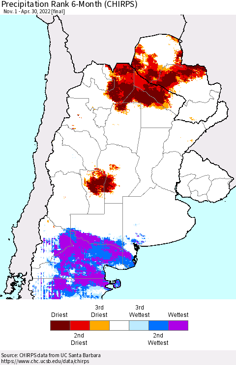 Southern South America Precipitation Rank since 1981, 6-Month (CHIRPS) Thematic Map For 11/1/2021 - 4/30/2022
