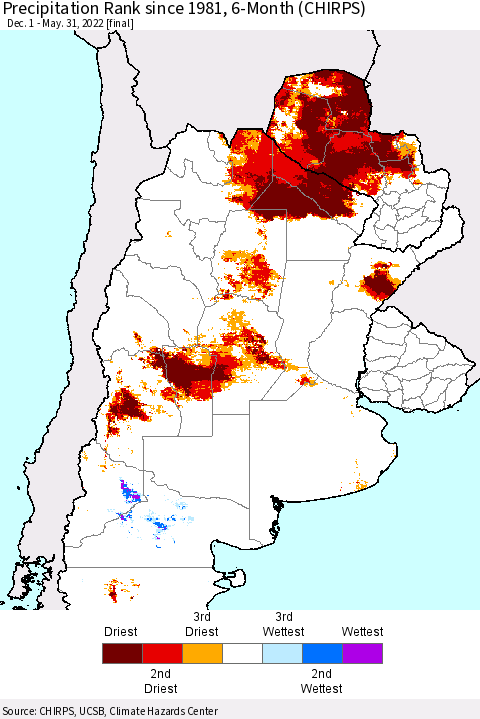 Southern South America Precipitation Rank since 1981, 6-Month (CHIRPS) Thematic Map For 12/1/2021 - 5/31/2022