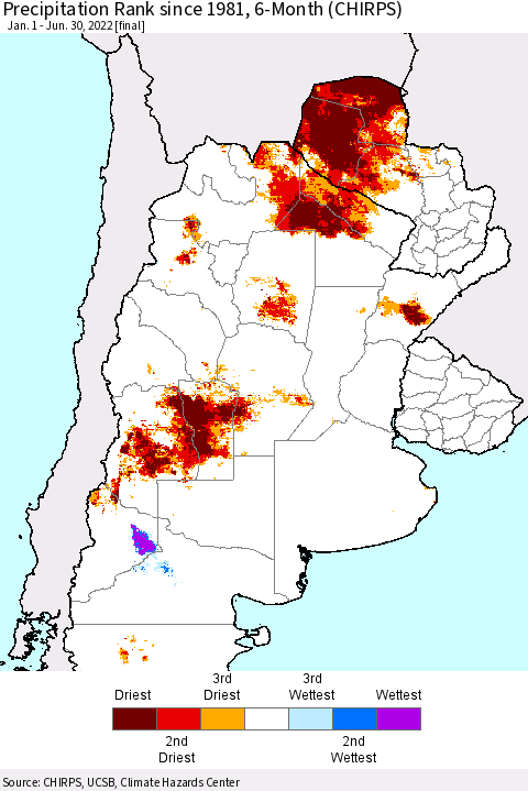 Southern South America Precipitation Rank since 1981, 6-Month (CHIRPS) Thematic Map For 1/1/2022 - 6/30/2022