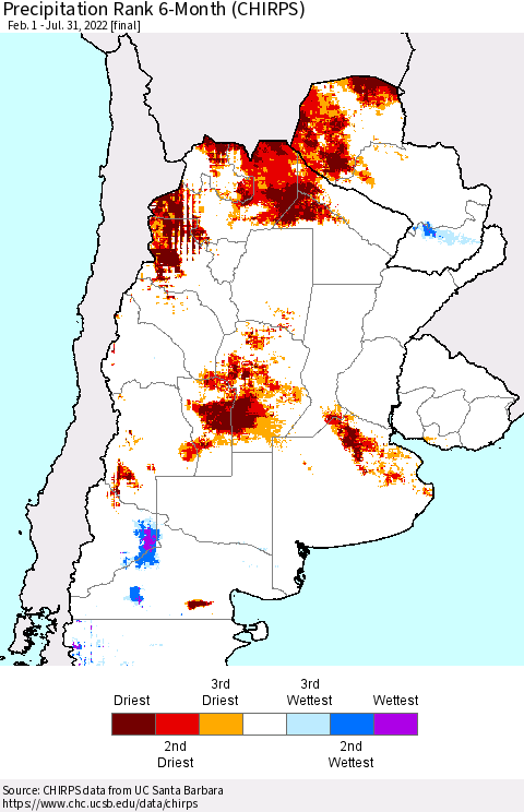 Southern South America Precipitation Rank since 1981, 6-Month (CHIRPS) Thematic Map For 2/1/2022 - 7/31/2022