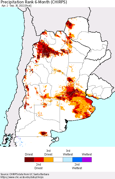 Southern South America Precipitation Rank since 1981, 6-Month (CHIRPS) Thematic Map For 4/1/2022 - 9/30/2022