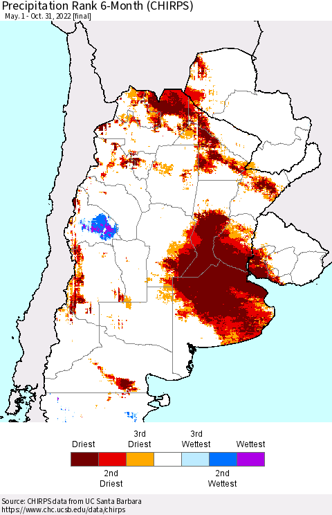 Southern South America Precipitation Rank since 1981, 6-Month (CHIRPS) Thematic Map For 5/1/2022 - 10/31/2022