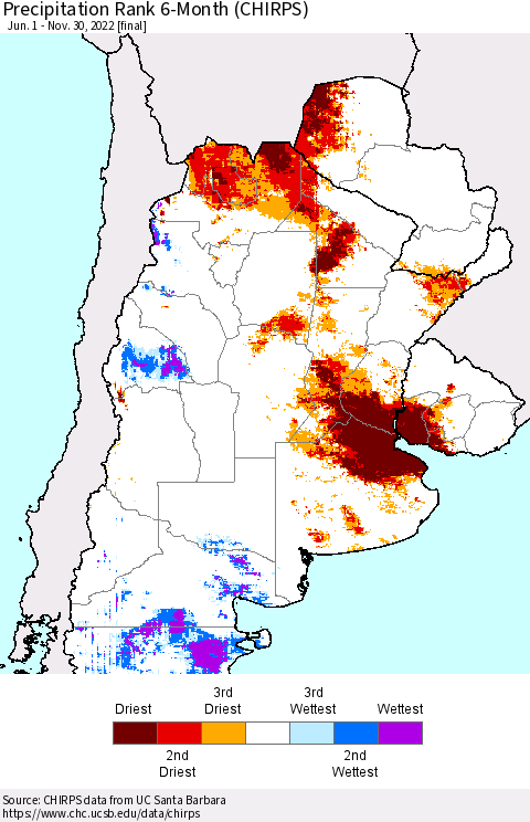Southern South America Precipitation Rank since 1981, 6-Month (CHIRPS) Thematic Map For 6/1/2022 - 11/30/2022