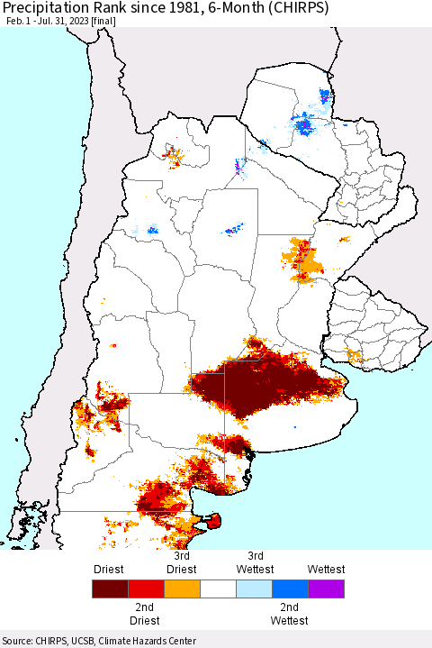 Southern South America Precipitation Rank since 1981, 6-Month (CHIRPS) Thematic Map For 2/1/2023 - 7/31/2023
