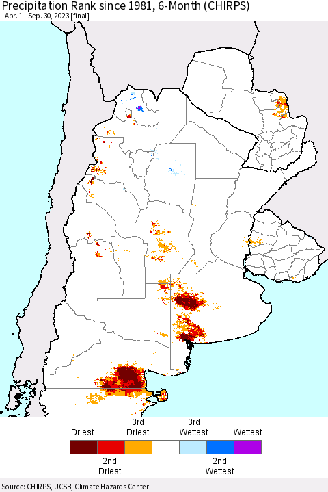 Southern South America Precipitation Rank since 1981, 6-Month (CHIRPS) Thematic Map For 4/1/2023 - 9/30/2023