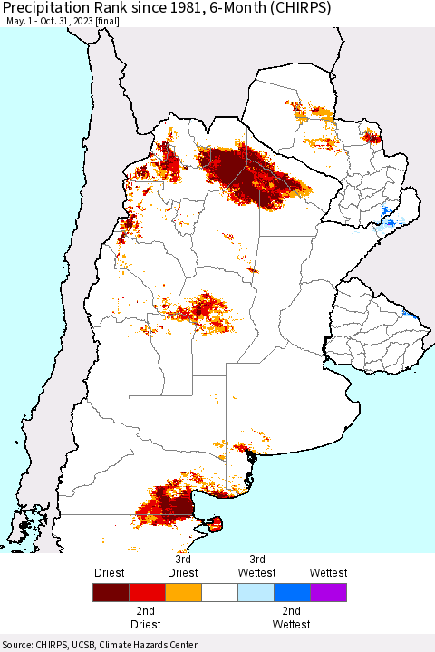 Southern South America Precipitation Rank since 1981, 6-Month (CHIRPS) Thematic Map For 5/1/2023 - 10/31/2023