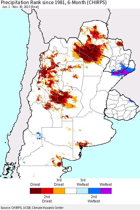 Southern South America Precipitation Rank since 1981, 6-Month (CHIRPS) Thematic Map For 6/1/2023 - 11/30/2023