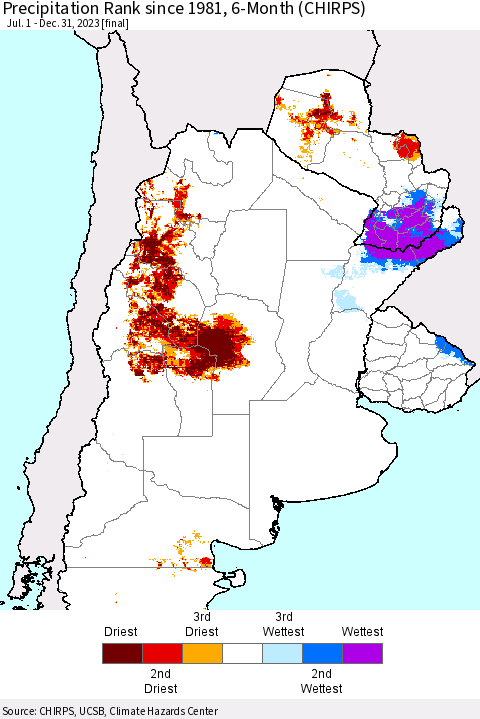 Southern South America Precipitation Rank since 1981, 6-Month (CHIRPS) Thematic Map For 7/1/2023 - 12/31/2023