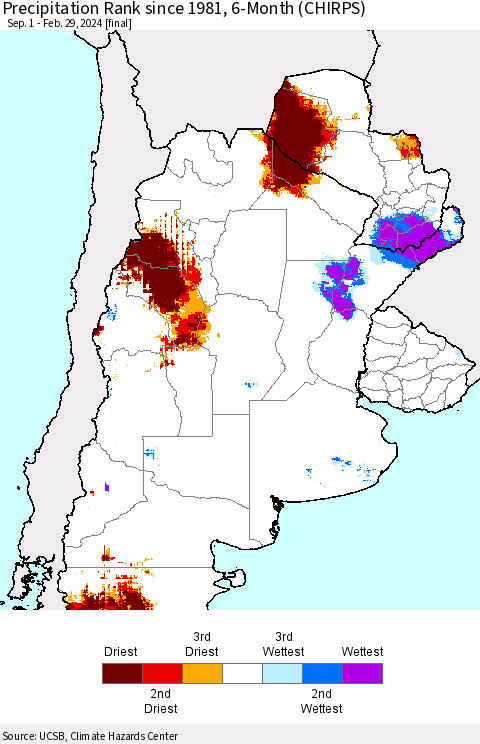 Southern South America Precipitation Rank since 1981, 6-Month (CHIRPS) Thematic Map For 9/1/2023 - 2/29/2024