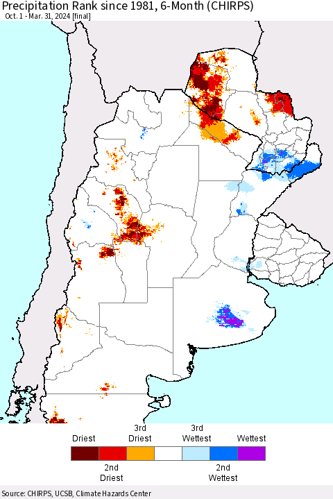 Southern South America Precipitation Rank since 1981, 6-Month (CHIRPS) Thematic Map For 10/1/2023 - 3/31/2024
