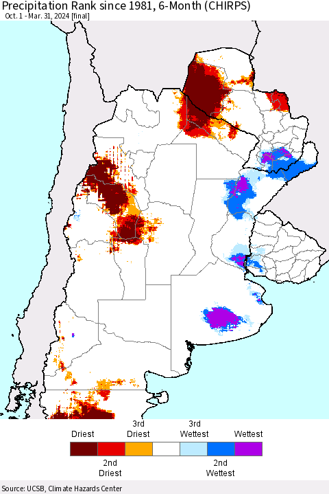 Southern South America Precipitation Rank since 1981, 6-Month (CHIRPS) Thematic Map For 10/1/2023 - 3/31/2024