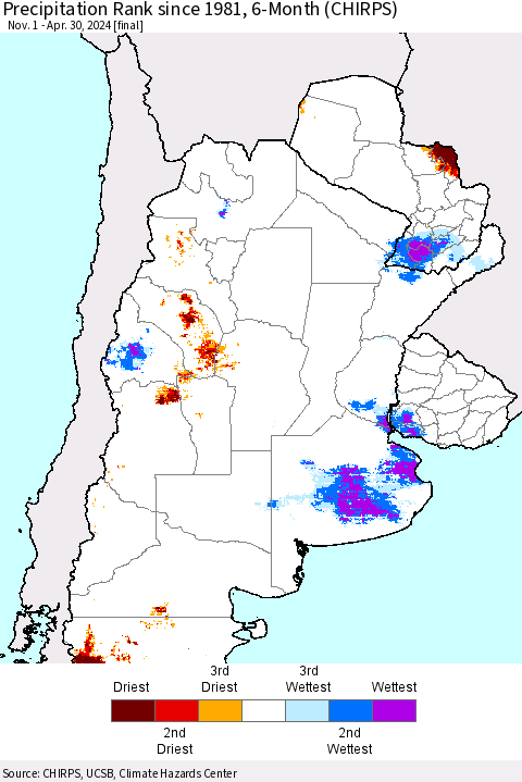 Southern South America Precipitation Rank since 1981, 6-Month (CHIRPS) Thematic Map For 11/1/2023 - 4/30/2024