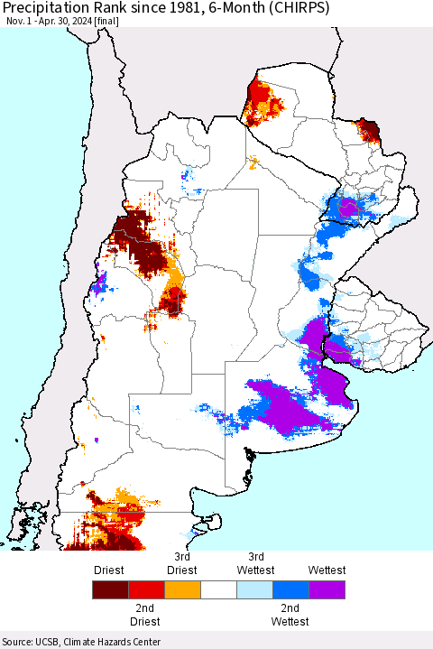 Southern South America Precipitation Rank since 1981, 6-Month (CHIRPS) Thematic Map For 11/1/2023 - 4/30/2024
