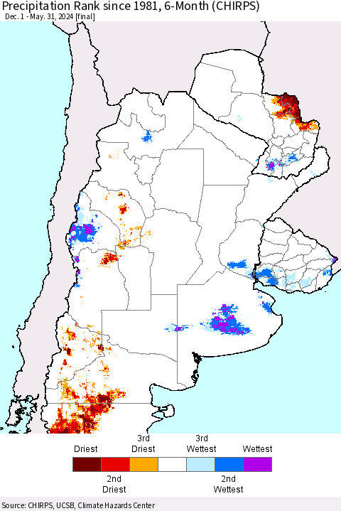 Southern South America Precipitation Rank since 1981, 6-Month (CHIRPS) Thematic Map For 12/1/2023 - 5/31/2024