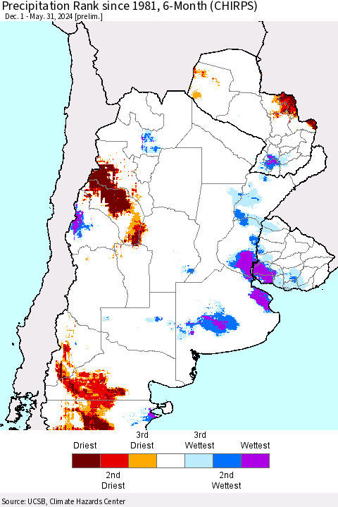 Southern South America Precipitation Rank since 1981, 6-Month (CHIRPS) Thematic Map For 12/1/2023 - 5/31/2024