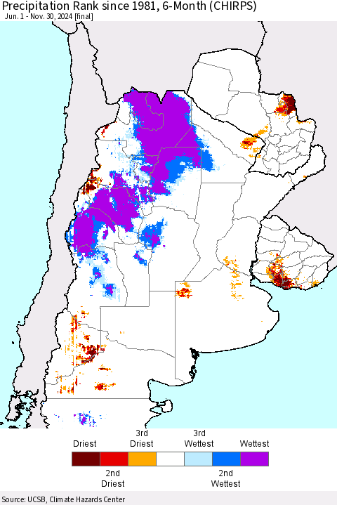 Southern South America Precipitation Rank since 1981, 6-Month (CHIRPS) Thematic Map For 6/1/2024 - 11/30/2024