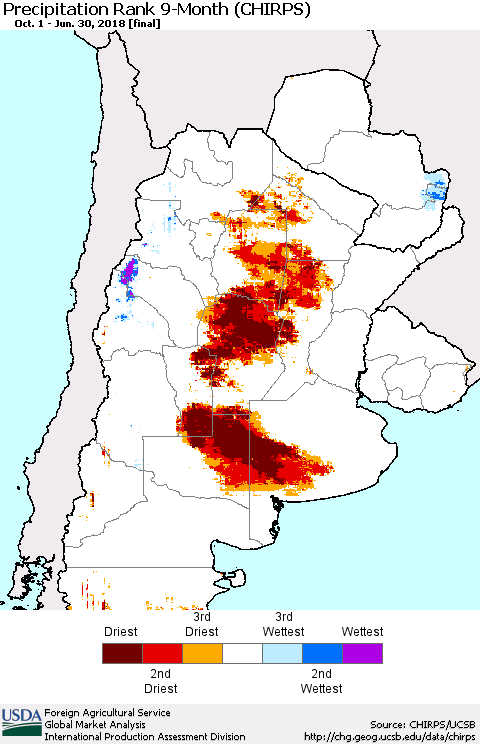 Southern South America Precipitation Rank since 1981, 9-Month (CHIRPS) Thematic Map For 10/1/2017 - 6/30/2018