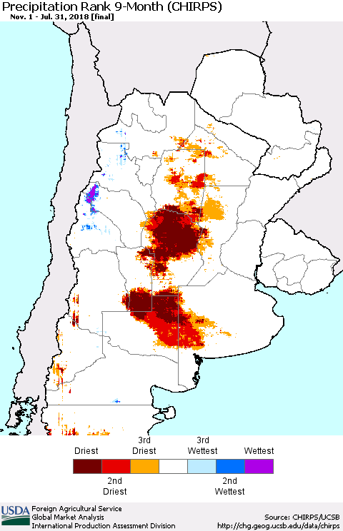 Southern South America Precipitation Rank since 1981, 9-Month (CHIRPS) Thematic Map For 11/1/2017 - 7/31/2018