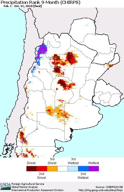Southern South America Precipitation Rank since 1981, 9-Month (CHIRPS) Thematic Map For 2/1/2018 - 10/31/2018