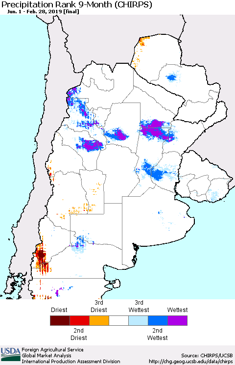 Southern South America Precipitation Rank since 1981, 9-Month (CHIRPS) Thematic Map For 6/1/2018 - 2/28/2019