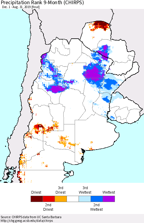 Southern South America Precipitation Rank since 1981, 9-Month (CHIRPS) Thematic Map For 12/1/2018 - 8/31/2019
