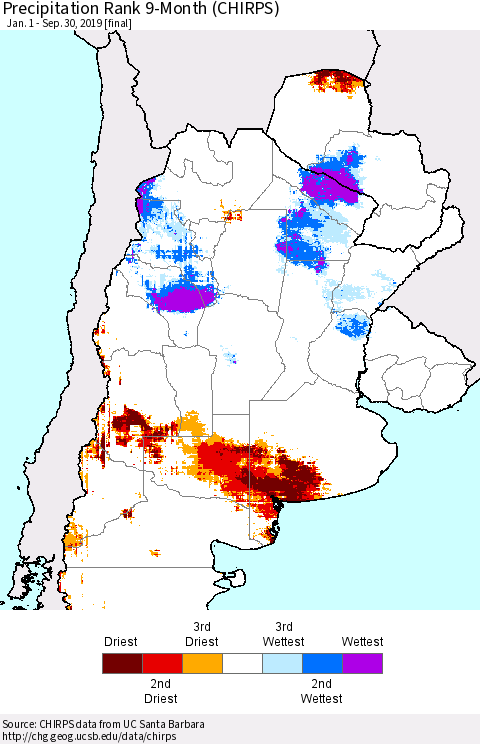 Southern South America Precipitation Rank since 1981, 9-Month (CHIRPS) Thematic Map For 1/1/2019 - 9/30/2019