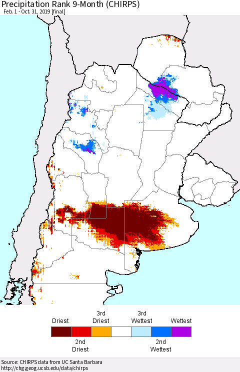 Southern South America Precipitation Rank since 1981, 9-Month (CHIRPS) Thematic Map For 2/1/2019 - 10/31/2019