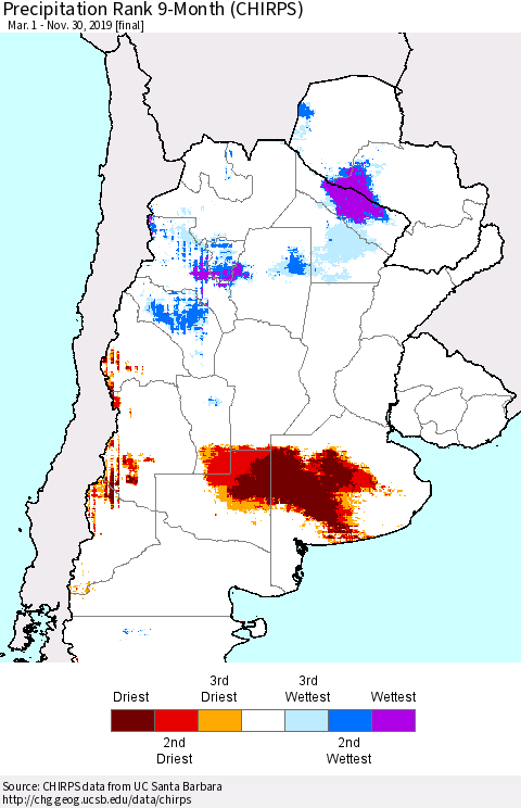 Southern South America Precipitation Rank since 1981, 9-Month (CHIRPS) Thematic Map For 3/1/2019 - 11/30/2019