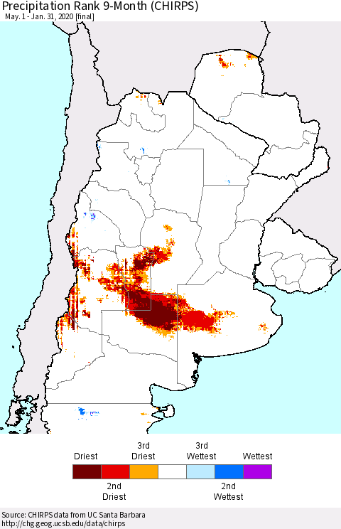 Southern South America Precipitation Rank since 1981, 9-Month (CHIRPS) Thematic Map For 5/1/2019 - 1/31/2020