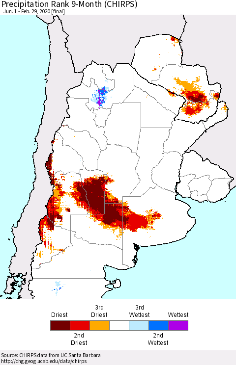 Southern South America Precipitation Rank since 1981, 9-Month (CHIRPS) Thematic Map For 6/1/2019 - 2/29/2020