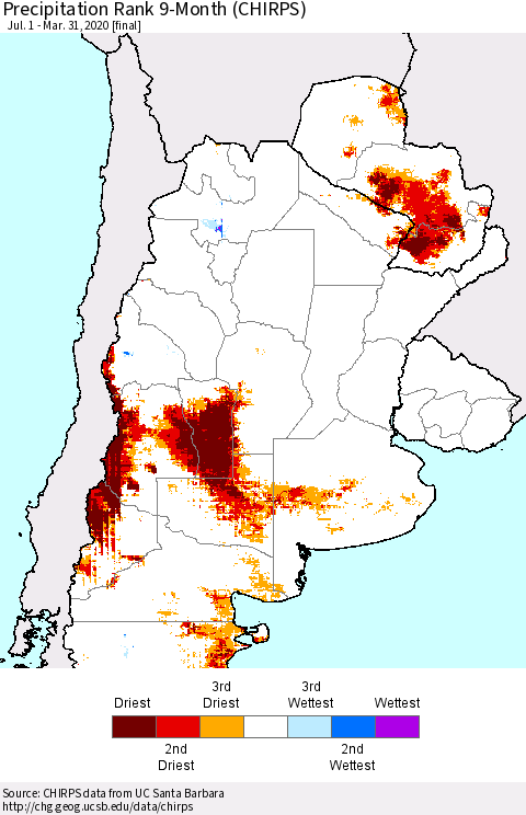 Southern South America Precipitation Rank since 1981, 9-Month (CHIRPS) Thematic Map For 7/1/2019 - 3/31/2020
