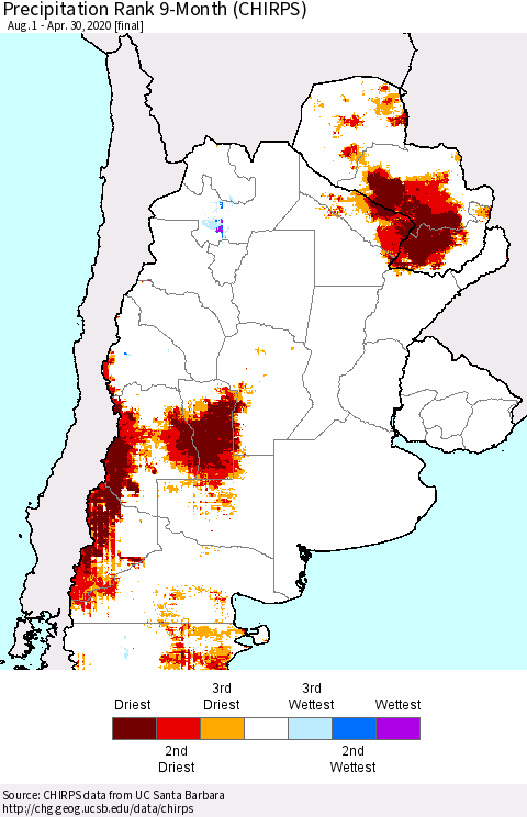 Southern South America Precipitation Rank since 1981, 9-Month (CHIRPS) Thematic Map For 8/1/2019 - 4/30/2020