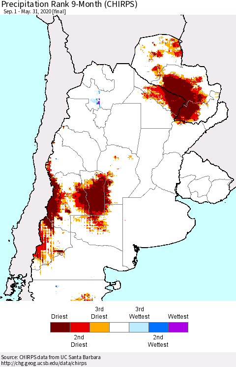 Southern South America Precipitation Rank since 1981, 9-Month (CHIRPS) Thematic Map For 9/1/2019 - 5/31/2020