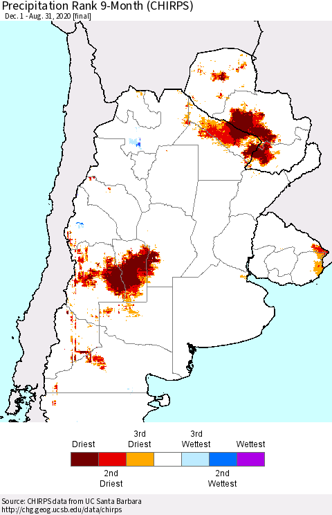 Southern South America Precipitation Rank since 1981, 9-Month (CHIRPS) Thematic Map For 12/1/2019 - 8/31/2020