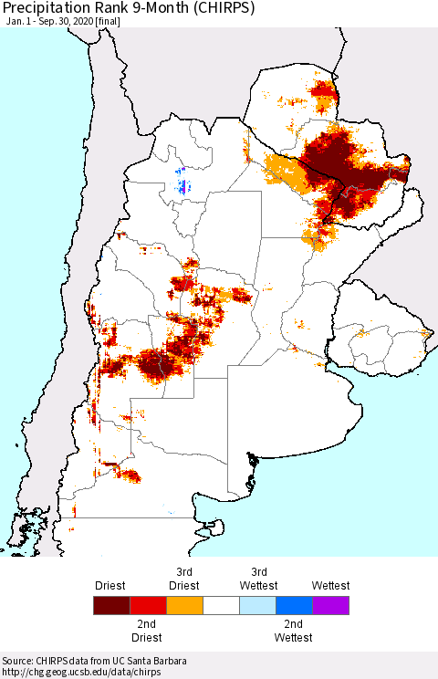 Southern South America Precipitation Rank since 1981, 9-Month (CHIRPS) Thematic Map For 1/1/2020 - 9/30/2020