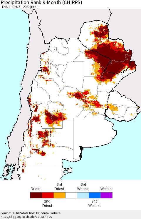 Southern South America Precipitation Rank since 1981, 9-Month (CHIRPS) Thematic Map For 2/1/2020 - 10/31/2020