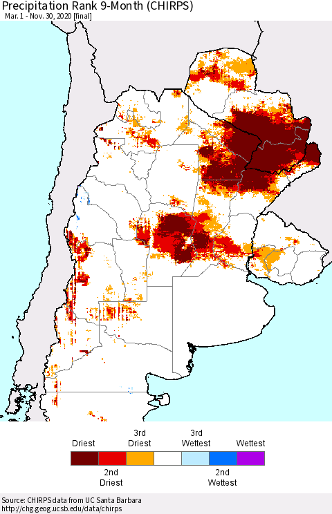 Southern South America Precipitation Rank since 1981, 9-Month (CHIRPS) Thematic Map For 3/1/2020 - 11/30/2020