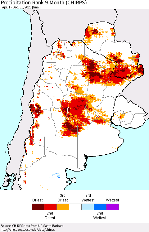 Southern South America Precipitation Rank since 1981, 9-Month (CHIRPS) Thematic Map For 4/1/2020 - 12/31/2020