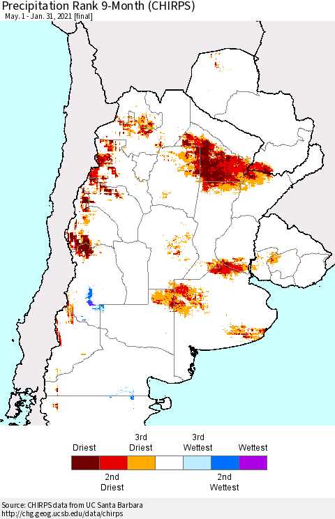 Southern South America Precipitation Rank since 1981, 9-Month (CHIRPS) Thematic Map For 5/1/2020 - 1/31/2021