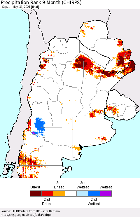 Southern South America Precipitation Rank 9-Month (CHIRPS) Thematic Map For 9/1/2020 - 5/31/2021