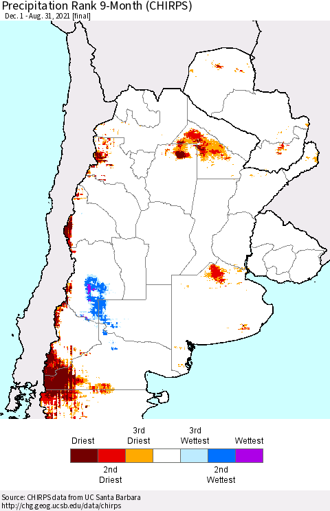 Southern South America Precipitation Rank 9-Month (CHIRPS) Thematic Map For 12/1/2020 - 8/31/2021
