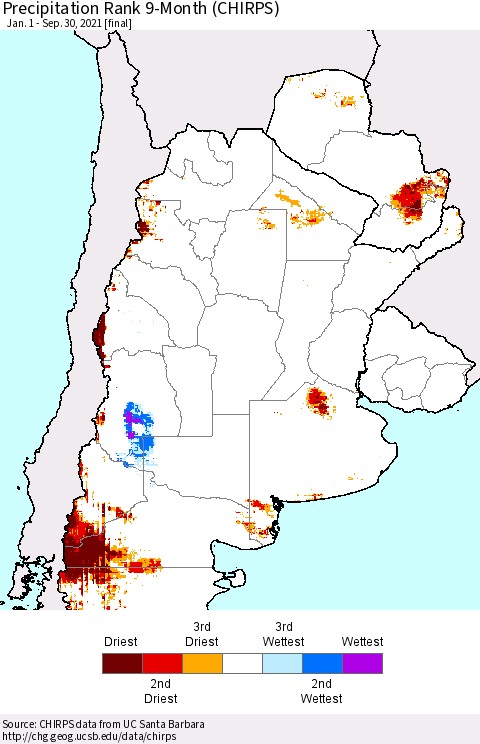 Southern South America Precipitation Rank 9-Month (CHIRPS) Thematic Map For 1/1/2021 - 9/30/2021