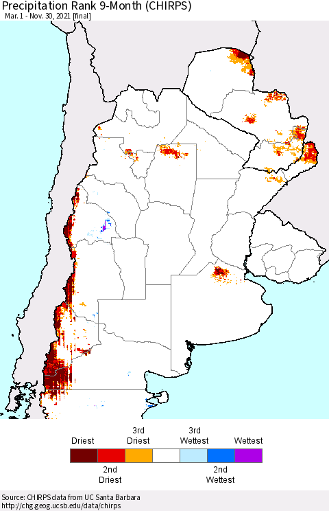 Southern South America Precipitation Rank 9-Month (CHIRPS) Thematic Map For 3/1/2021 - 11/30/2021