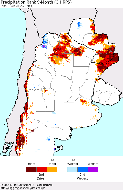 Southern South America Precipitation Rank 9-Month (CHIRPS) Thematic Map For 4/1/2021 - 12/31/2021