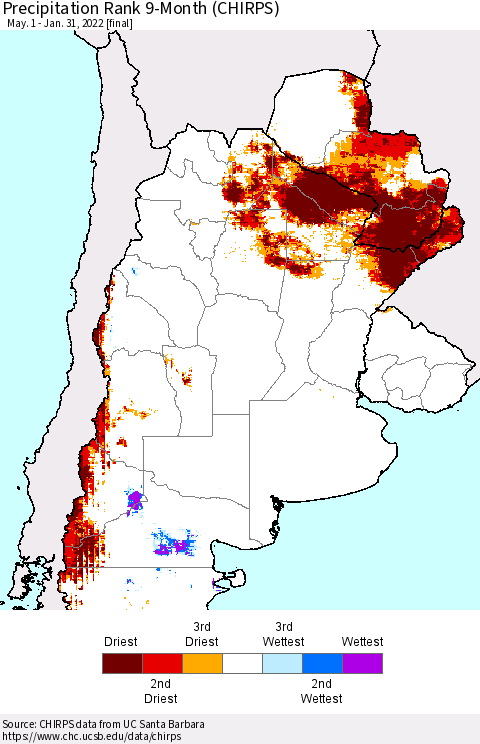Southern South America Precipitation Rank 9-Month (CHIRPS) Thematic Map For 5/1/2021 - 1/31/2022