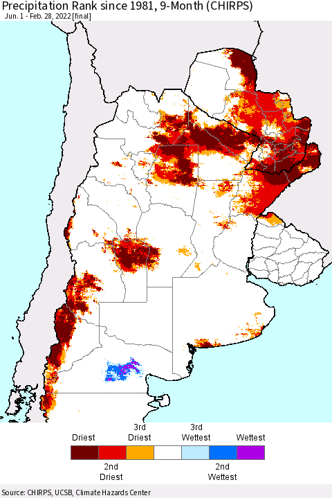 Southern South America Precipitation Rank since 1981, 9-Month (CHIRPS) Thematic Map For 6/1/2021 - 2/28/2022