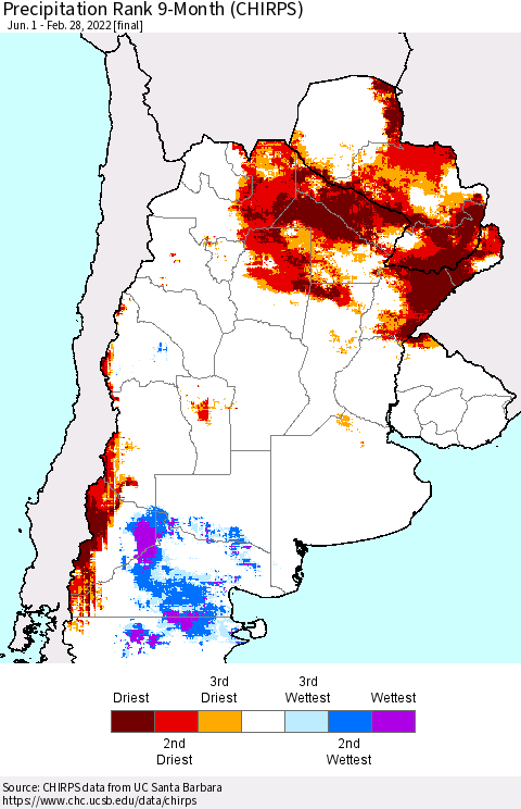 Southern South America Precipitation Rank 9-Month (CHIRPS) Thematic Map For 6/1/2021 - 2/28/2022