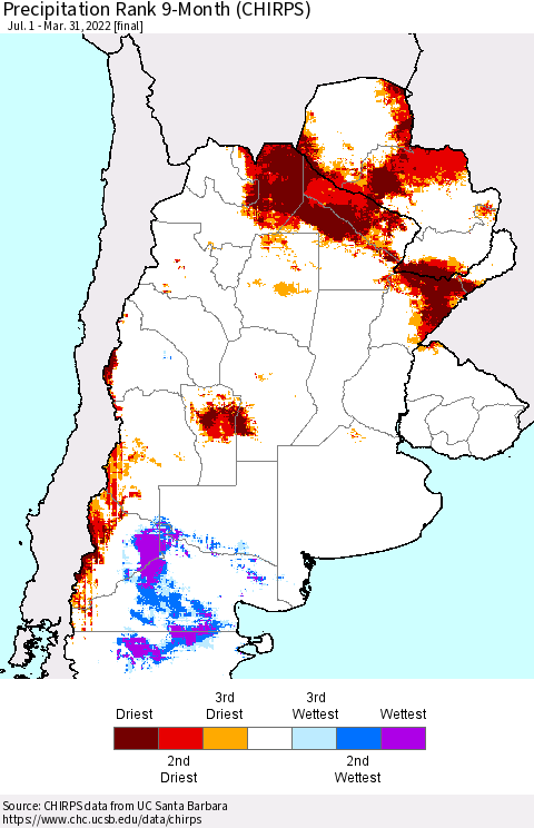 Southern South America Precipitation Rank 9-Month (CHIRPS) Thematic Map For 7/1/2021 - 3/31/2022